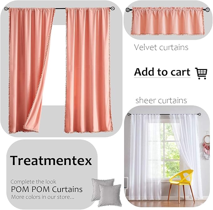 Treatmentex Pompom Sheer White Curtains for Living Room 84" Long Linen Textured Window Curtain Draperies for Bedroom 52" W, 1 Pair