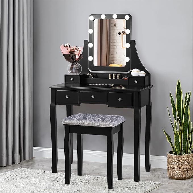 CHARMAID LED Vanity Desk with Lighted Mirror, 10 Dimming Bulbs, 5 Drawers, 3 Storage Organizers, Makeup Vanity Desk with Stool, Bedroom Dressing Table, Gift for Girls Women (Black)