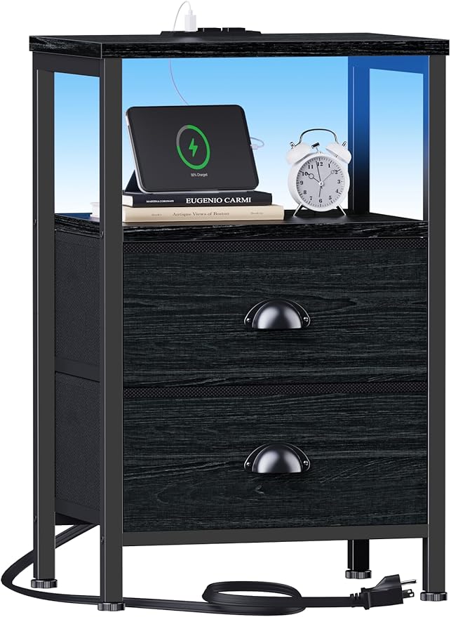 Furologee Nightstands with Charging Station, End Table with LED Lights, Black Night Stands with 2 Fabric Drawers, Bedside Tables with Shelves for Living Room/Bedroom,Black Oak
