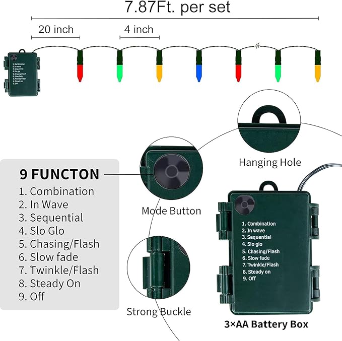 Christmas Lights Battery Operated 4 Pack 8 Feet 20 LED String Lights on Green Wire with 8 Modes Waterproof Tree Lights for Outdoor Indoor Holiday Party Garden Xmas Tree Decorations, Multicolor