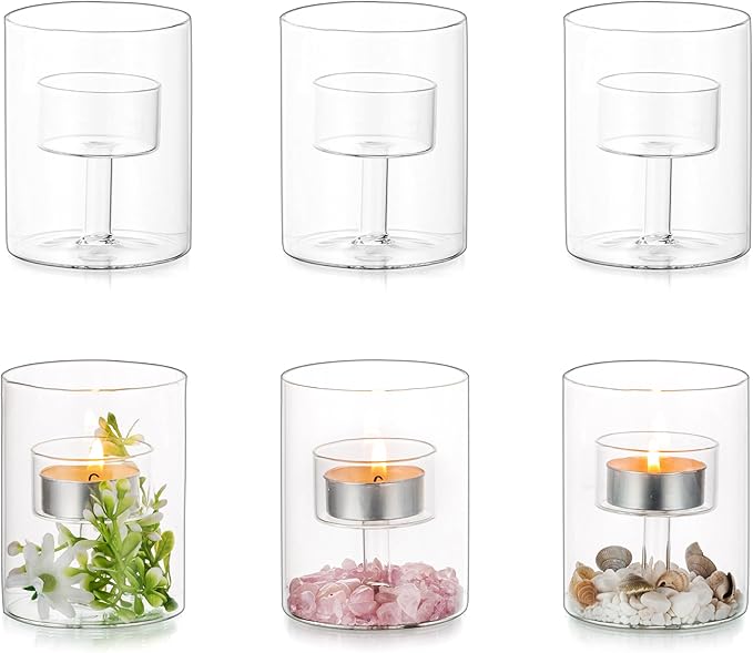 Glasseam Glass Tealight Candle Holder: Small Hurricane Cylinder Votive Holder Set of 6 Modern Table Centerpiece Wedding Christmas Party Decorations, 3.15