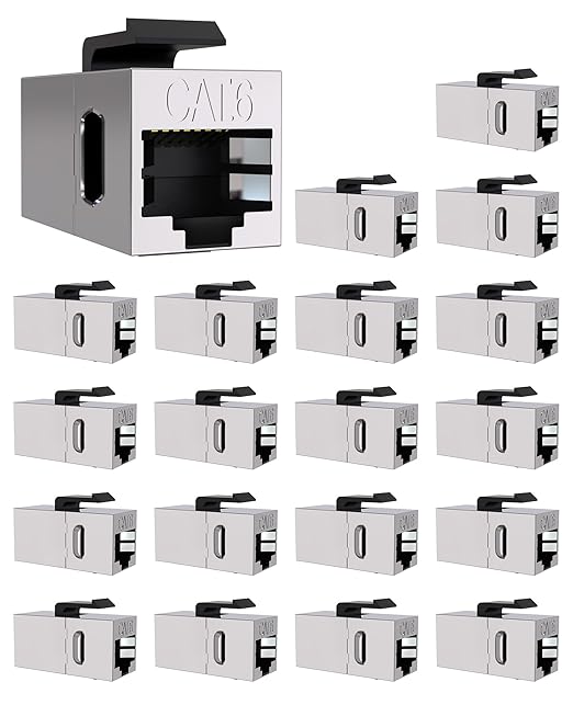 20 Pack Cat 6 Shielded Keystone Coupler, Cat6 Keystone Jacks Female to Female RJ45 Coupler, Ethernet Wall Plate Inline Keystone Coupler for Cat6, Cat5e, Cat5 Cabling Silver