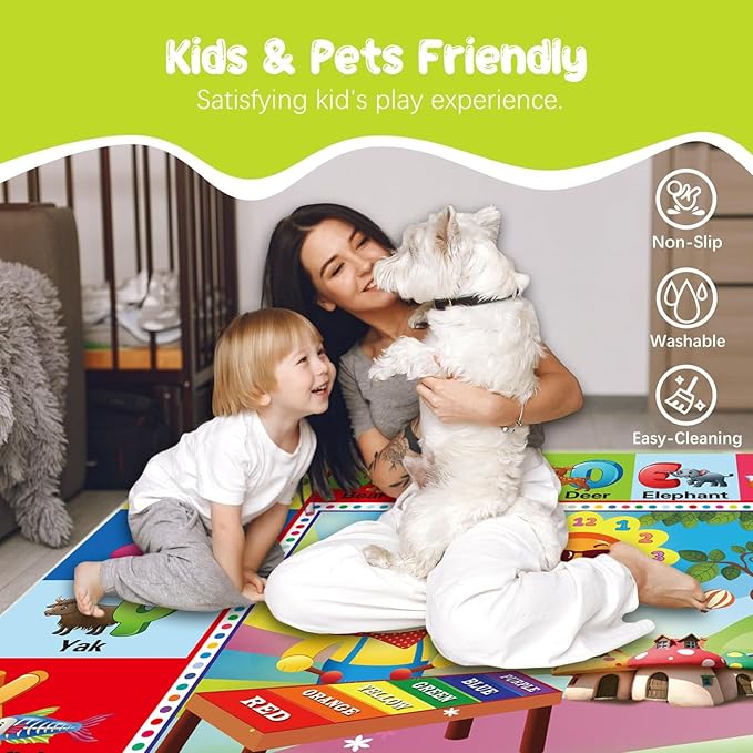ABC Rug for Kids Room, ABC Mats for Floor Toddlers, Alphabet Play Mat Elementary Preschool Kid's Rugs wtih ABC, Numbers, Animals - (110X78.7 Inches)