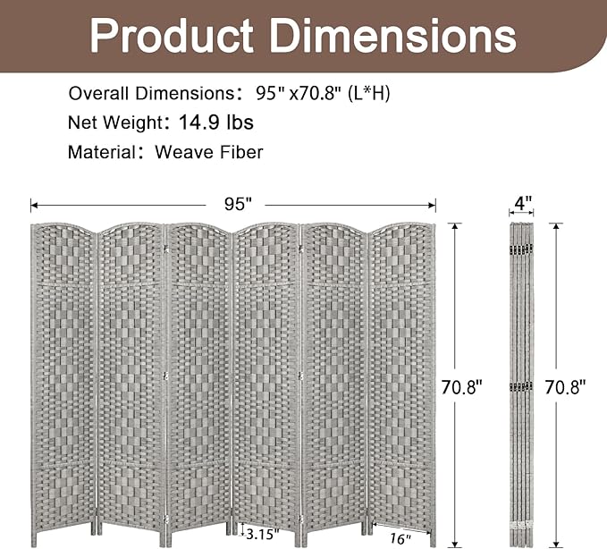 Rose Home Fashion 6 ft Tall Room Divider, Room Dividers and Folding Privacy Screens, 15.7in Privacy Screen 6 Panel Partition Temporary Wall Separation for Private, Stone Grey