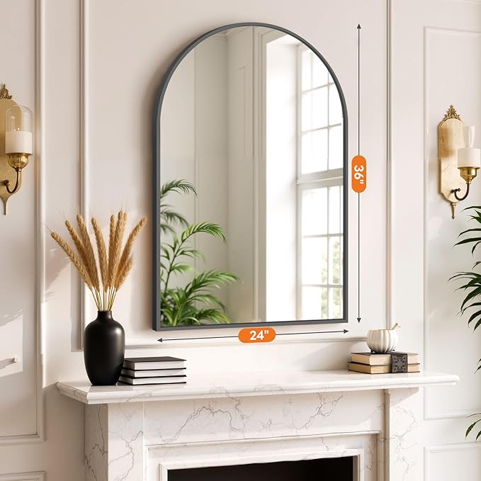 Sweetcrispy Arched Bathroom Mirror 36x25 Inch Black Metal Framed Arch Vanity Mirror for Wall, Over Sink, Farmhouse, Restroom, Anti-Rust, Modern Decorative, Hanging or Leaning