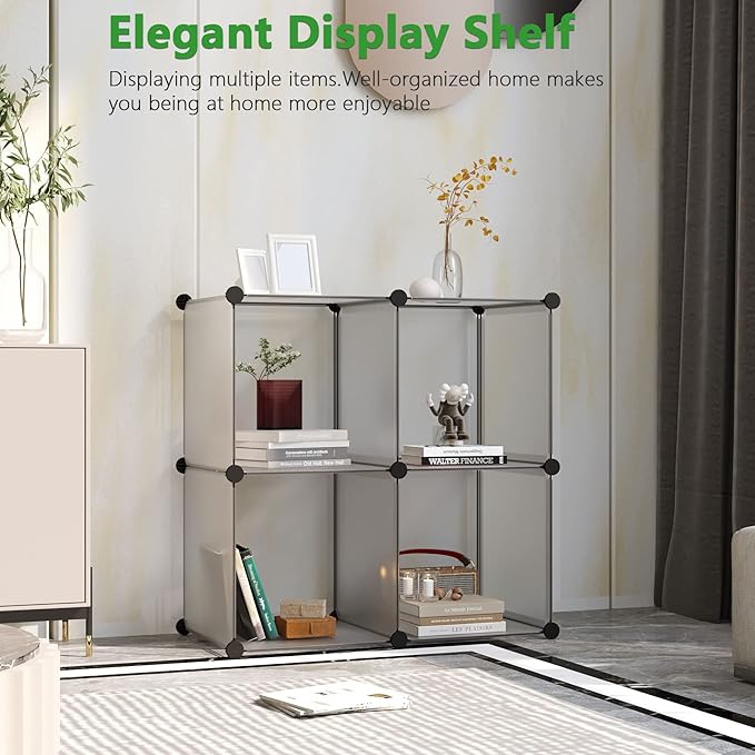 C&AHOME Cube Storage Organizer, 4-Cube Shelves Units, Closet Cabinet, DIY Plastic Modular Book Shelf Ideal for Bedroom, Living Room, Office, 24.8" L x 12.4" W x 24.8" H Grey UPCS04G