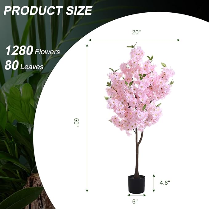 Artificial Cherry Blossoms Tree with Blooming Pink Flowers for Indoor Home Decor, Japanese Style Faux Plant for Living Room, Office, Bedroom - Tall Fake Tree with Branches, Outdoor Decoration 4FT