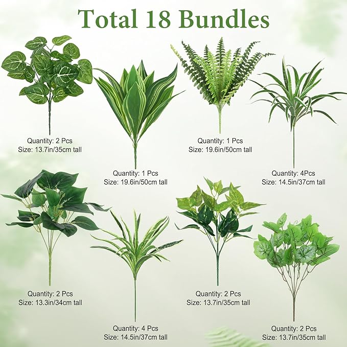 18PCS Artificial Plants Outdoor UV Resistant Fake Plants Stem Faux Greenery Plastic Plants Bushes for Garden Patio Porch Window Box Home Wedding Decor(Greenery, 18PCS)