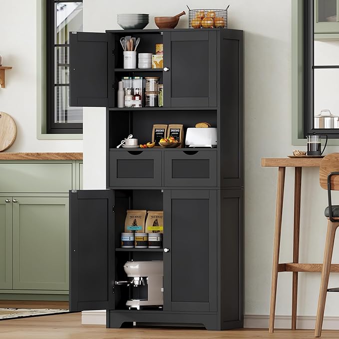 Iwell 57.8" H Tall Storage Cabinet with 2 Drawers & 2 Adjustable Shelves, Kitchen Cabinet with 4 Doors, Tall Cabinet for Living Room, Dining Room, Entryway, Black
