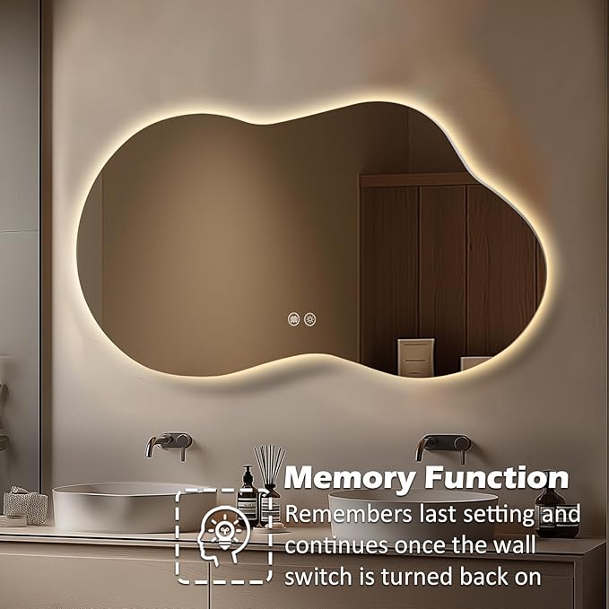 LED Bathroom Mirror with Lights 24x40, Stepless Dimmable Irregular Backlit Mirror with 3 Colors, Anti-Fog, Memory, Al-Alloy Lampshade, Frameless Smart Mirror for Bathroom (Horizontal/Vertical)