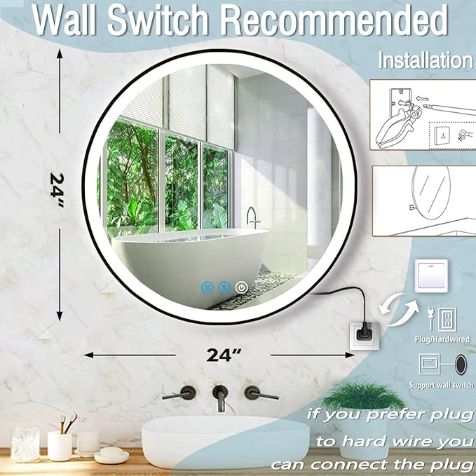 Black Frame Round LED Bathroom Mirror with Lights for Bathroom Wall Black Lighted Vanity Mirrors 24 Inch 3 Color Dimmable Circle Smart Bathroom LED Wall Mirrors Anti Fog Makeup LED Mirrors