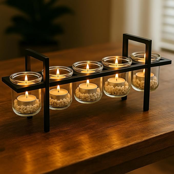 Seraphic 5-Cup Rustic Modern Floating Candle Holder Table Centerpiece Decoration for Dining Room, Kitchen, Patio, Weddings, Metal Iron with Glass Cups, 16" Long