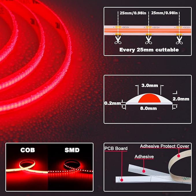 TOPAI 12V COB LED Strip Light Red 16.4ft Waterproof IP65 Dotless High Density 480LEDs/M Super Bright Cuttable Flexible LED Tape Light for Cabinet Home DIY Lighting Projects