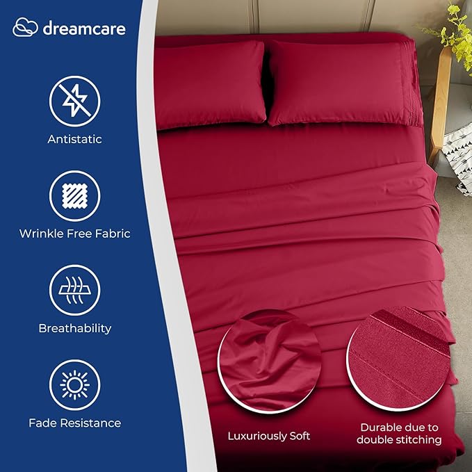 DREAMCARE Twin XL Sheet Sets - 4pc Cooling Sheets XL Twin Sheets - up to 21” Deep Pocket – Hotel Luxury Extra Long Twin XL Bed Sheets 100% Brushed Microfiber with Side Pocket - Burgundy