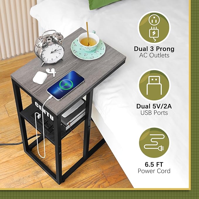 Yoobure LED C Shaped End Table with Charging Station, Small Side Tables for Living Room Bedroom, TV Tray Table with USB Ports and Outlets for Small Spaces, C Table for Couch Sofa, Bed Side Table