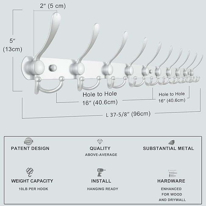 Dseap Coat Rack Wall Mount - 38” Long 10-Tri-Hooks Heavy Duty Coat Hanger Rail Wall Hooks for Hanging Coats Hats Clothing Clothes Purse Mudroom Entryway, Silver