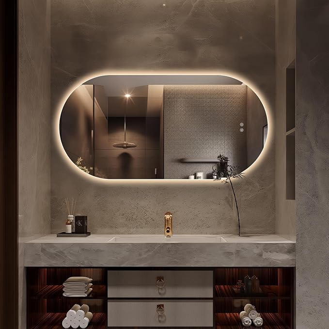 48"x24" Oval Led Mirror for Bathroom, Frameless Vanity Mirror with Lights, Modern Lighted Bathroom Mirror Wall Mounted, Anti Fog Smart Mirror with 3 Colors Dimmable, Vertical/Horizontal