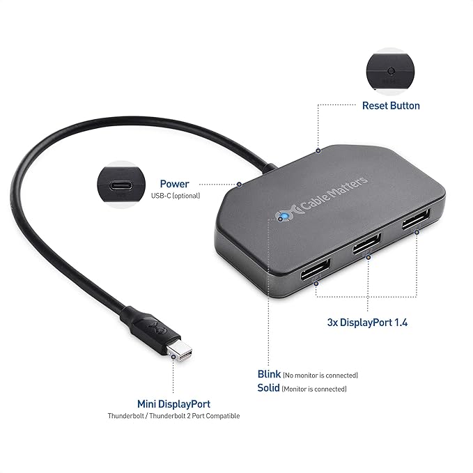 Cable Matters 101075, Triple Monitor Mini DisplayPort/DisplayPort Hub, (3X 4K Display Port Splitter) 3-Port DP 1.4 Enabled for 8K and 4K 120Hz HDR for Windows Only, NOT Compatible with macOS