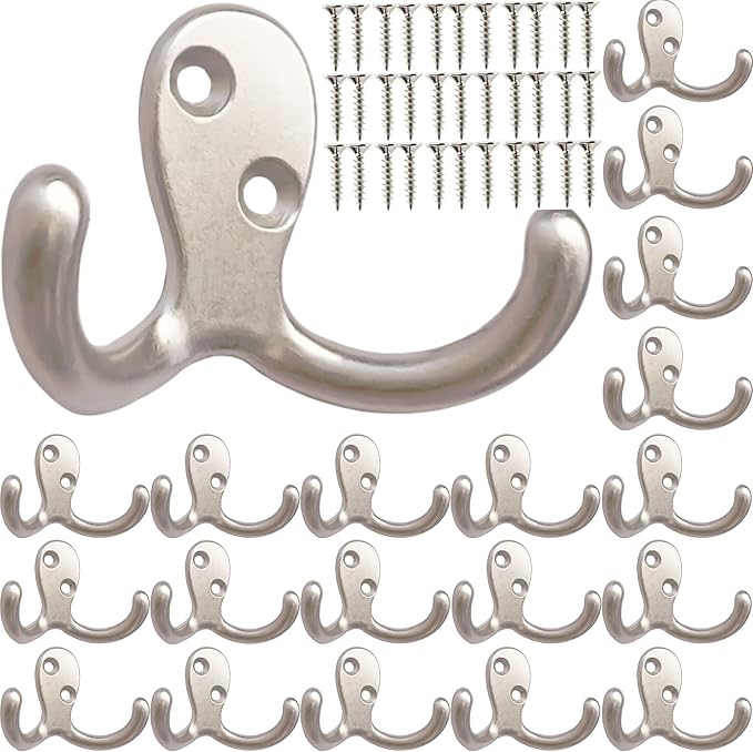 20 Pcs Coat Hooks Hardware Wall Hooks Heavy Duty Hooks for Hanging Coats Double No Rust Hook Wall Mounted for Key, Towel, Bags, Cup, Hat