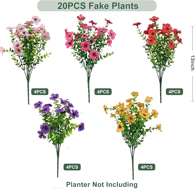 Artificial Flowers for Outdoor, UV Resistant Fake Silk Flowers, Realistic Faux Plants for Outside Indoor Porch Patio Window Box Planter Home Decor (20, Yellow Purple Rosy Pink Red)