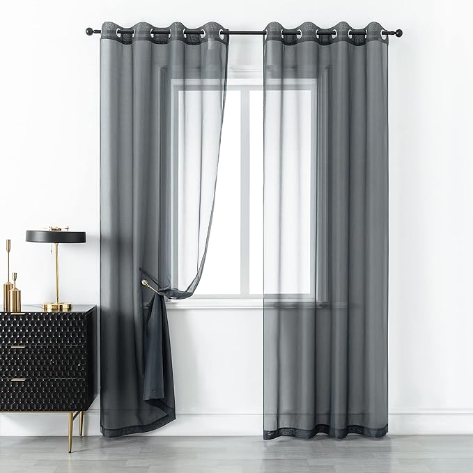 DUALIFE Charcoal Grey Sheer Curtains Grommet,Look Semi Sheer Windows Panels,Elegant Solid Color Touch Soft Drapes, 52X96 Inch for Living Room Bedroom,Set of 2 Panels