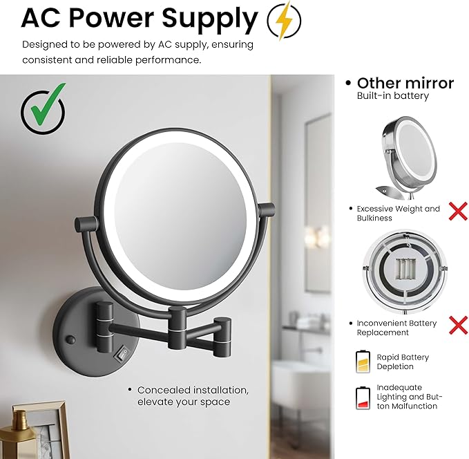 KIBI Circular Wall Mount Makeup Mirror with LED Lights, Dual-Sided 1x/5x Magnifying Mirror with Adjustable Arm, 360° Swivel, Solid Brass Construction for Durability and Style (Matte Black, KMM101)