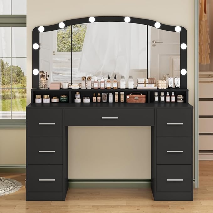 usikey 43.3" Vanity Desk with Large Lighted Mirror, Makeup Vanity Table with 7 Drawers & 10 Lights Bulbs, 3 Lighting Colors, Make Vanity Desk, Vanity Table for Women Girls, Black