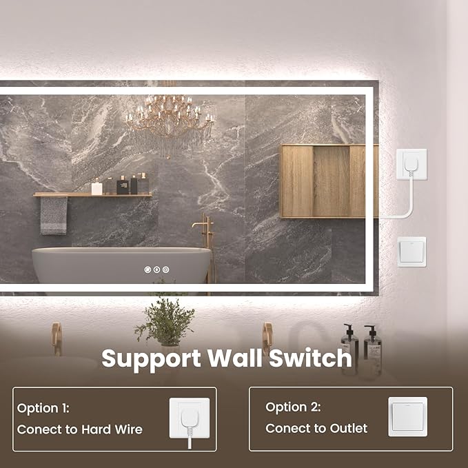 72"X40" LED Bathroom Mirror with Front Lights and Backlit, Anti-Fog, Dimmable, Shatter-Proof Tempered Glass, Lighted Bathroom Vanity Mirror for Wall with 3 Colors, Memory Function