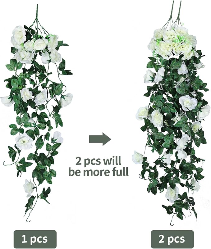 RECUTMS Artificial Plants Hanging 2Pieces 3.3Ft Rose Plant Flowers Vines Wedding (White)