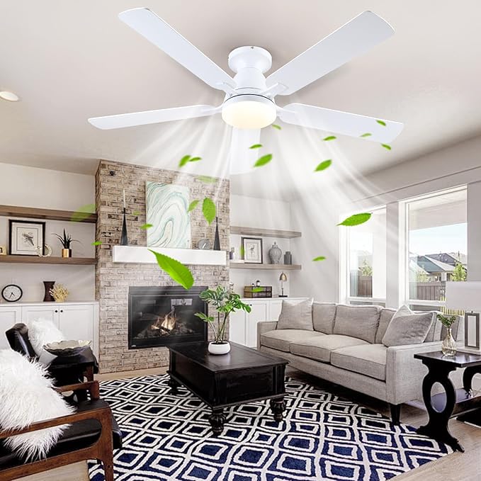 Ceiling Fans with Lights, 56" Flush Mount Ceiling Fan with Light and Remote/APP Control, Low Profile, Modern Ceiling Fan Reversible, Dimmable, Noiseless, White for Bedroom