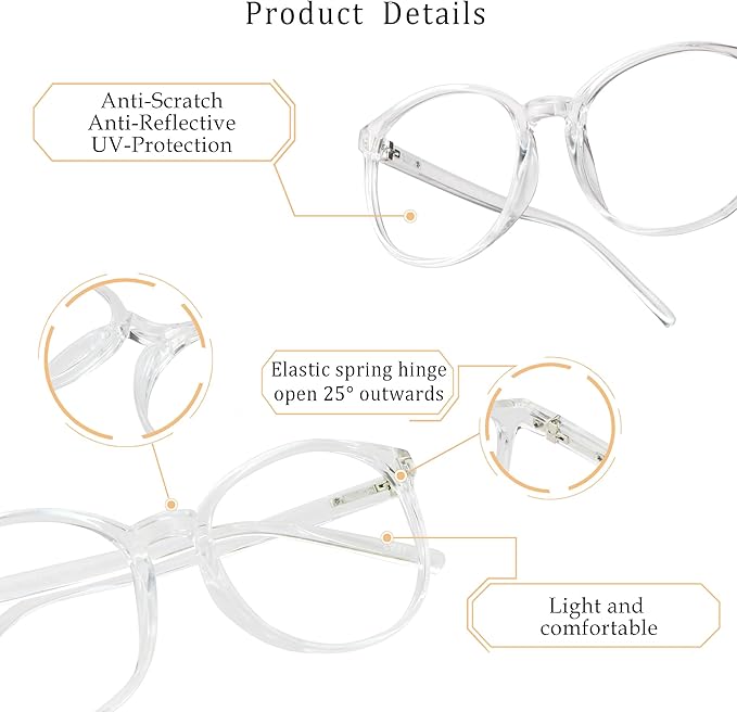LifeArt Round Blue Light Blocking Glasses, Computer Glasses, Gaming Glasses, TV Glasses for Women Men (Clear, 3.25 Magnification)