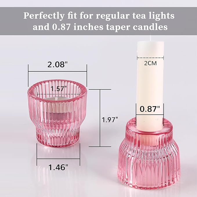 12pcs Pink Taper Candle Holders, Glass Candlestick Holders, Tea Light Candle Holder for Wedding Centerpieces Table Decorations, Votive Candle Holders for Baby Shower