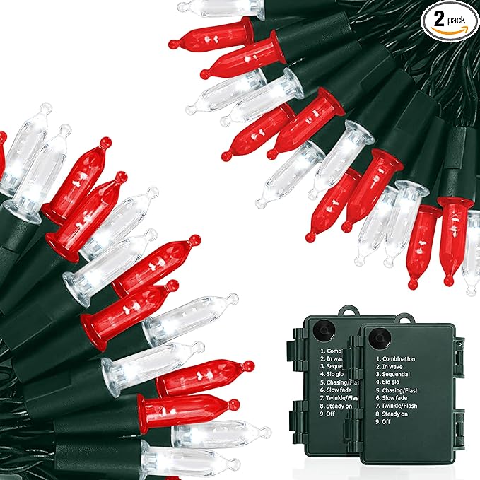 KOUQIYA Battery Operated Christmas Lights 2 Pack, 17ft 50 LED Mini String Light with Auto-Timer 8 Modes Waterproof Tree Lights (Red&White)