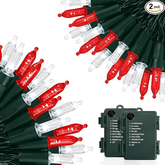 KOUQIYA Battery Operated Christmas Lights 2 Pack, 17ft 50 LED Mini String Light with Auto-Timer 8 Modes Waterproof Tree Lights (Red&White)