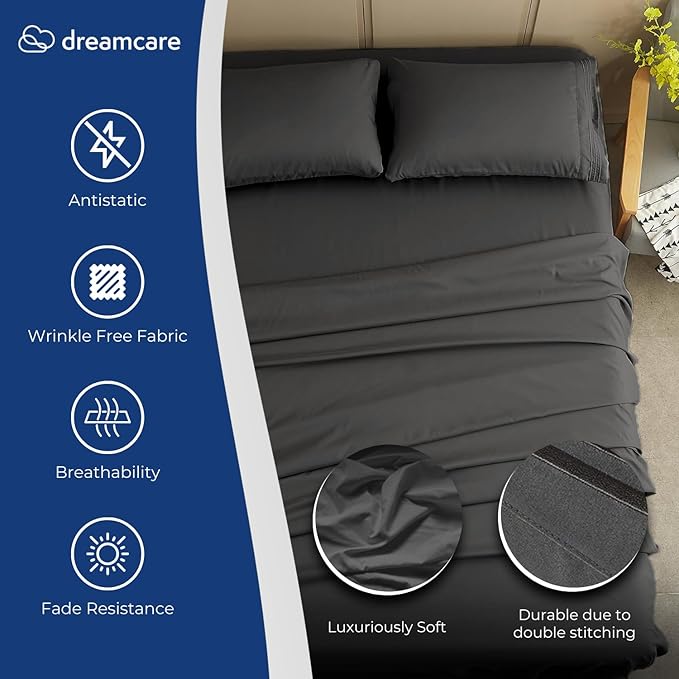 DREAMCARE Queen Sheet Set – 4 pcs Cooling Sheets – up to 21” Deep Pocket Queen Sheets – Hotel Luxury Sheets & Pillowcases – Superior Softness 100% Fine Microfiber with Side Pocket – Gray