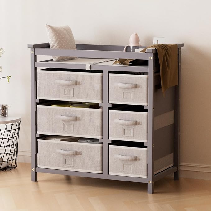 YUFU Baby Changing Table, Diaper Changing Station with 6 Storage Drawers and Changing Pad, Changing Table Dresser, Gray