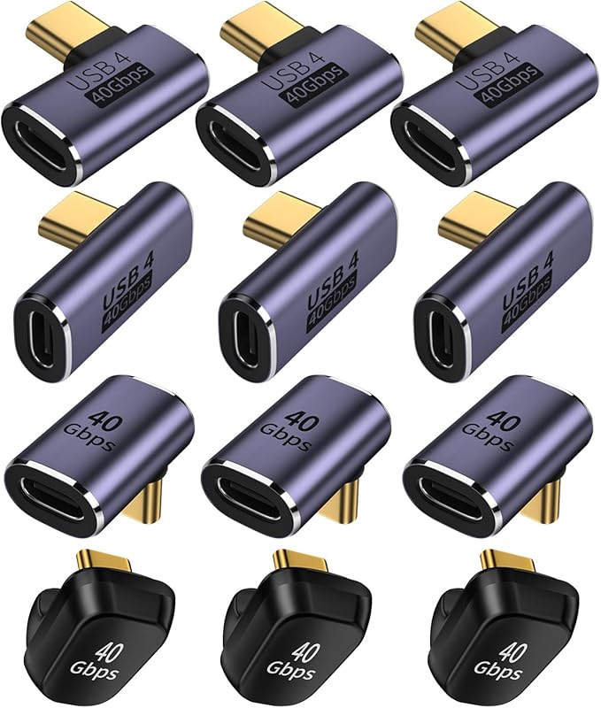 4 Mixed USB C Adapter USB 4.0/Thunderbolt 4 with 100W 40Gbps 90/180 Degree Right Angle, U Shape Connector Extender for Mobile Phone, Switch, Steam Deck, Tablet, Laptop (3 Set-12pcs)