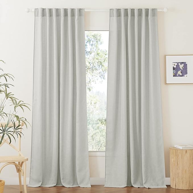 RYB HOME Linen Sheer Curtains 95 inches Long, Textured Privacy Semi Sheer Curtains 2 Hanging Options for Bedroom Office Living Room Patio Door Window Decor, Grey, W 52 x L 95, 2 Pcs