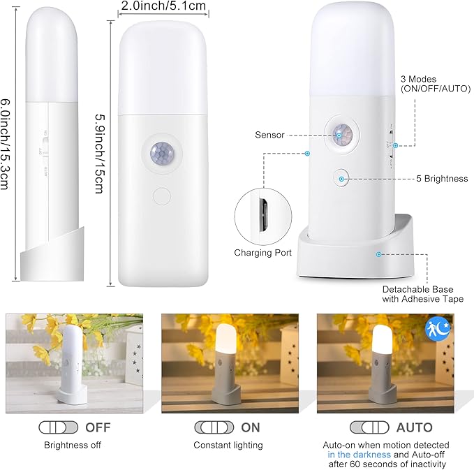 YELKO Motion Sensor Night Light, 2000mAh Rechargeable Night Lights Battery Powered, PortableＤimmable Nightlights with 5 Brightness Levels for Kids,Adults (Warm White 2Pack)