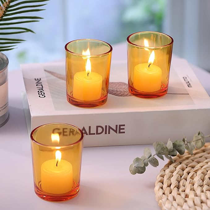 LETINE 36pcs Amber Votive Candle Holders - Glass Tea Light Candle Holders for Fall Table Decor,Boho Wedding Centerpieces, Boho Decor, Ideal for Halloween & Thanksgiving Decorations Indoor