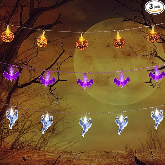 AOSTAR Set of 3 Halloween Lights (20 LEDs Orange Pumpkins, Purple Bats, White Ghosts), Battery Operated String Lights for Halloween Decorations Outdoor & Indoor