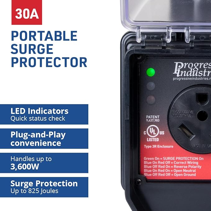 Progressive Industries SSP-30XL Portable RV Smart Surge Protector, Black, 30 Amp
