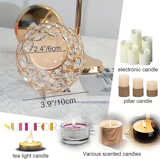VINCIGANT Gold Crystal Candle Holders Set of 2,Pillar Candlesticks for Table Centerpieces, Christmas Home Decor Wedding Party Housewarming Gift