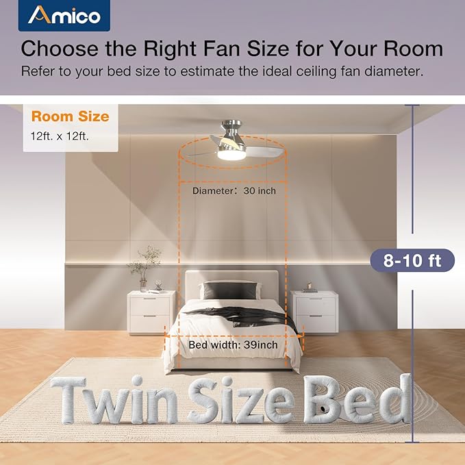 Amico Ceiling Fans with Lights, 30 inch Low Profile Ceiling Fan with Light and Remote Control, Flush Mount, Reversible, 3CCT, Dimmable, Noiseless, Nickel Ceiling Fan for Bedroom, Indoor/Outdoor Use