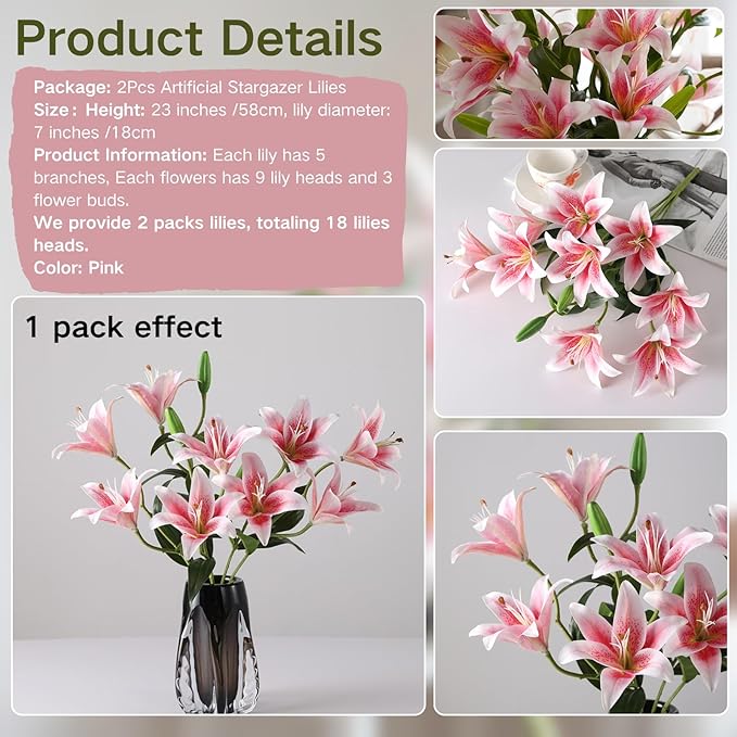ASTRYAS 18 Heads Artifical Lily Flowers, Pink Artificial Stargazer Lilies with 18 Heads Full Bloom Lily & 6 Buds-Faux Lilies Flowers for Home Hotel Flower Arrangement Party Decor Cemetery（2PCS, Pink