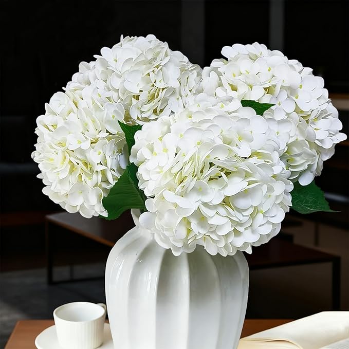 Real Touch White Hydrangea Artificial Flowers with Stems, Fake Silk Flowers for Outdoors, 3 Pcs Artificial Flowers for Home Decor Wedding Bouquets Centerpieces Vase