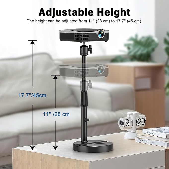 Desktop Projector Stand Table, 11" - 17.7" Extendable Height Stand with Heavy-duty Base and 1/4" Ball Head, 360° Rotation Webcams Projector Mount Holder for Home, Office, Outdoor Projection