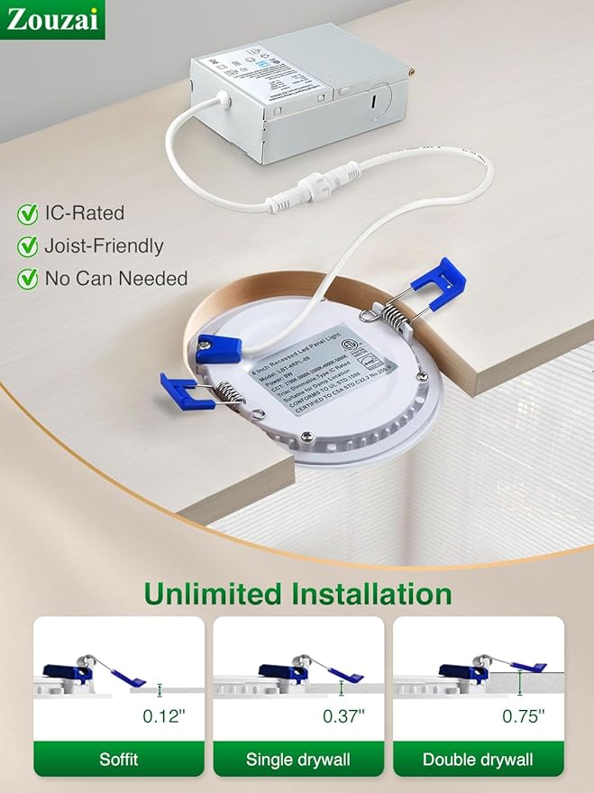 zouzai 12 Pack 6 Inch Ultra-Thin LED Recessed Ceiling Light with Junction Box, 5000K Daylight, 12W Eqv 110W, Dimmable Canless Wafer Downlight, 1080LM High Brightness, ETL and Energy Star Certified