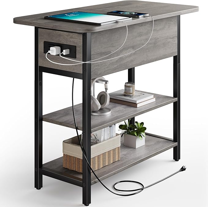 Yoobure End Table with Charging Station, Flip Top Side Table with USB Ports and Outlets, Sofa Couch Table Bedside Table for Living Room Bedroom, Narrow Nightstand with Storage Shelves for Small Space