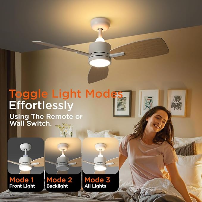 TALOYA Ceiling Fan with Lights Remote Control, 42 inch, Reversible Quiet DC Motor, 3 Dual-Faced Blades Modern Ceiling Fans for Bedroom Patio Indoor Covered Outdoor White